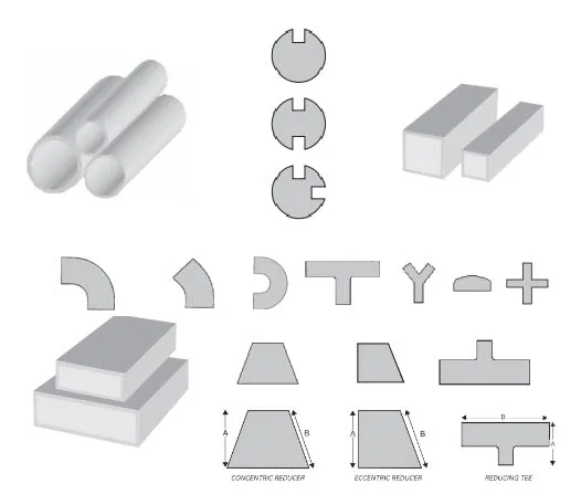 Graphic illustrating stainless steel product forms such as rods, flat bars, tubes, elbows, and reducers